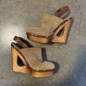 Michael Kors Tan and Brown Wedge Mules